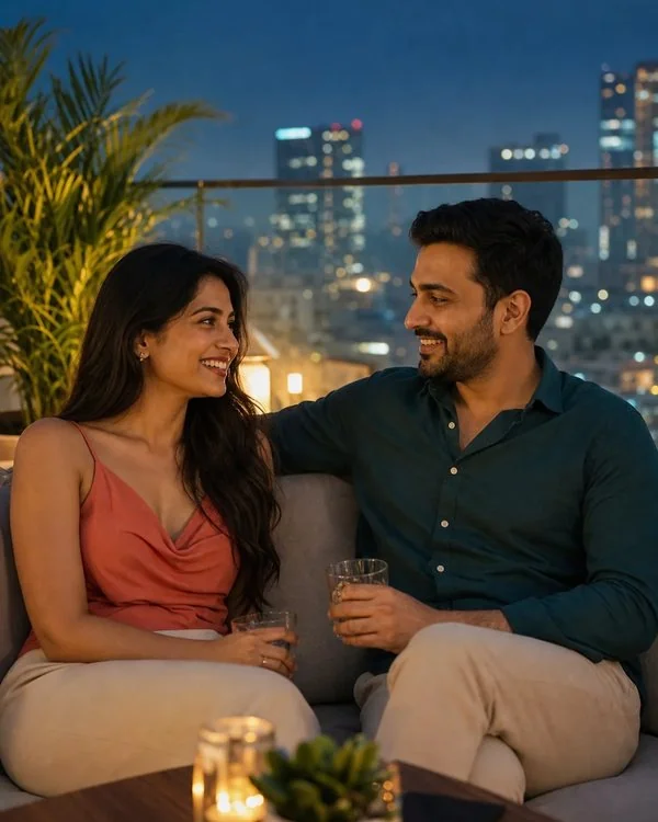 Modern Indian adults enjoying a relaxed social gathering in a stylish urban setting