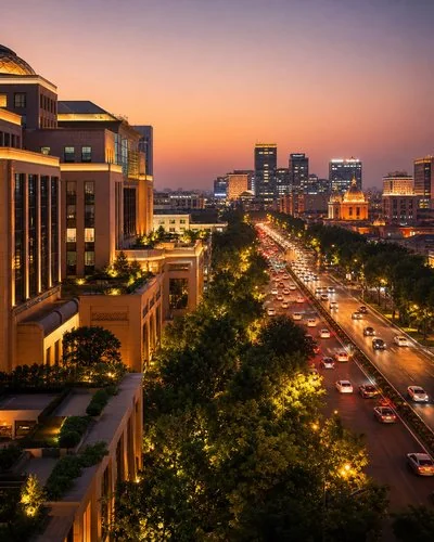 Delhi city street with modern architecture and warm evening light