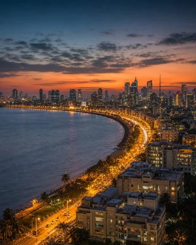 Mumbai skyline at dusk with Marine Drive