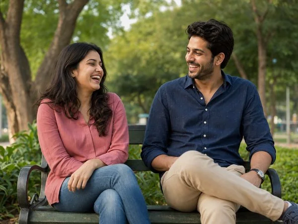 Two friends sharing a laugh in a relaxed park setting