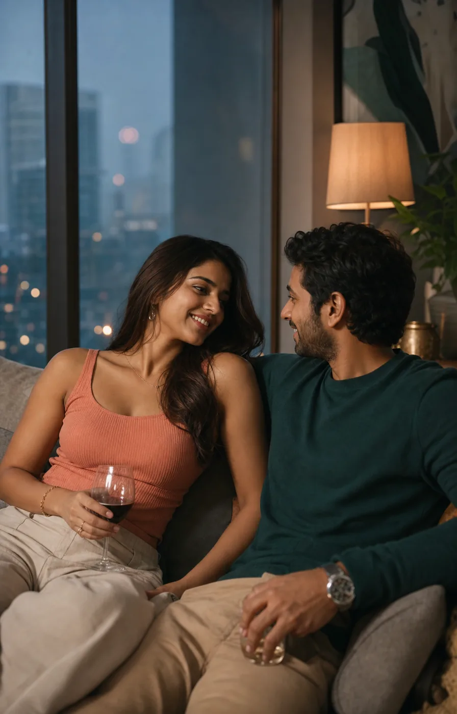 Attractive Indian couple sharing a warm, intimate moment in a modern apartment setting
