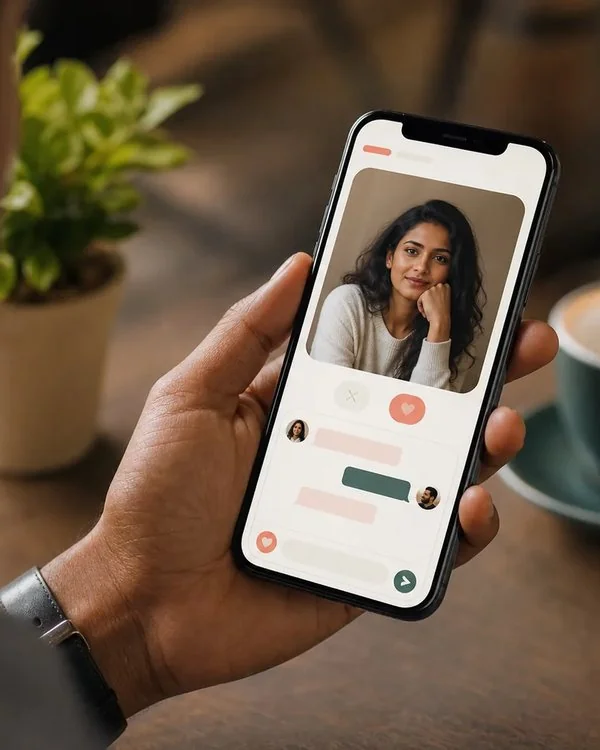 Modern phone interface showing a dating profile with warm pink accents