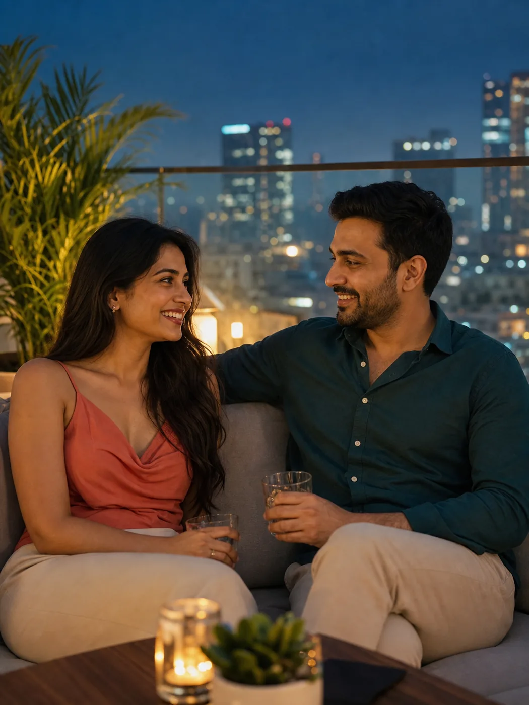 Adult couple at a rooftop evening setting