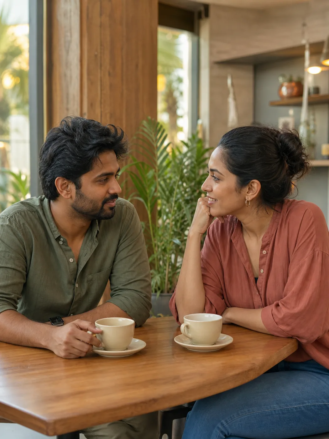 Indian couple having a relaxed conversation in a modern café