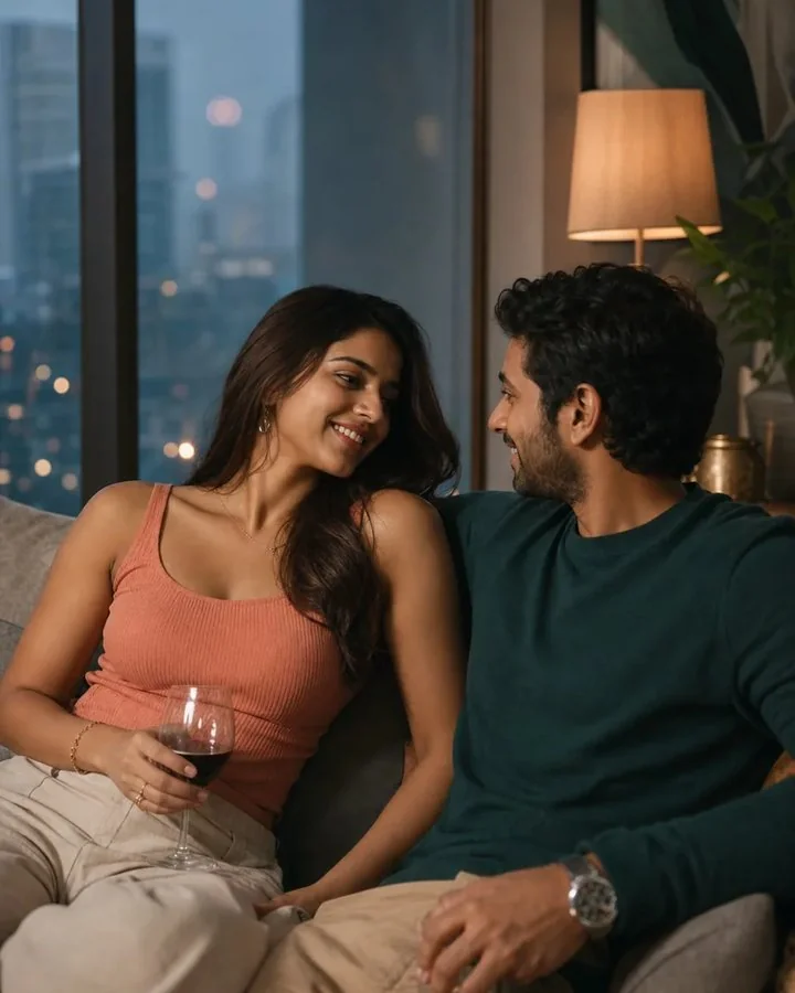 Warm, intimate moment between two adults in a modern apartment