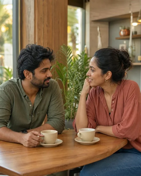 Two adults having an honest, relaxed conversation in a modern Indian café